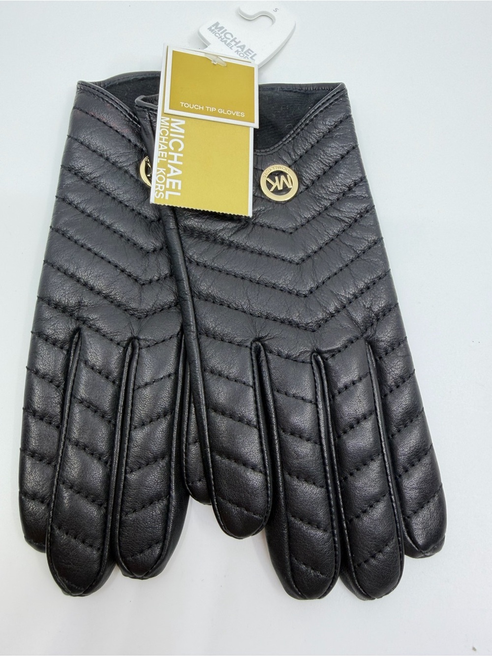 NWT Michael Kors Black Leather Quilted Touchscreen Gloves Gold MK Logo S